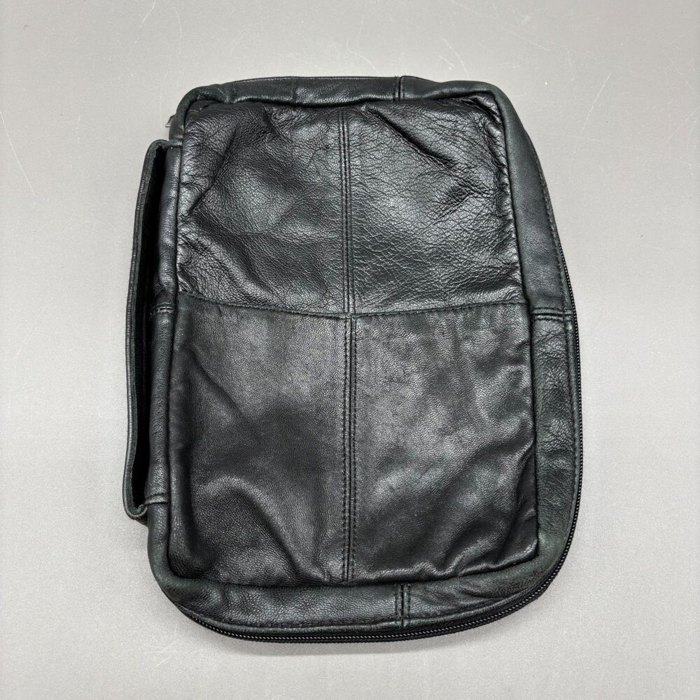 Vintage Black Genuine Soft Leather Bible Cover Book Case Zip Carry Handle